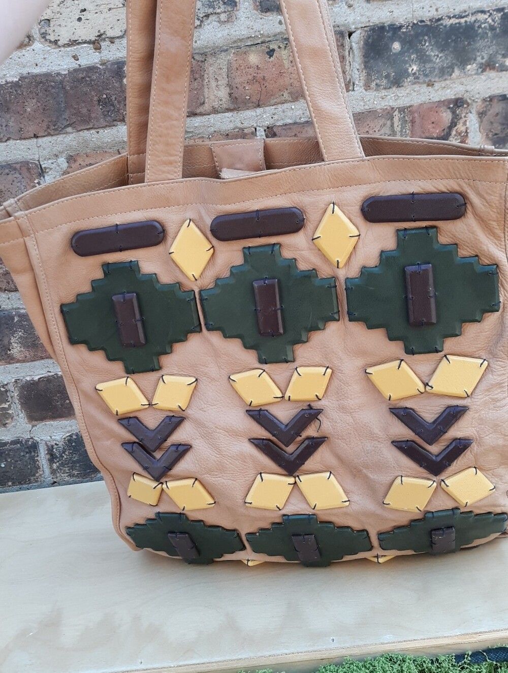 Vintage Latico Leather Southwestern Applique Tote Bag Boho Chic